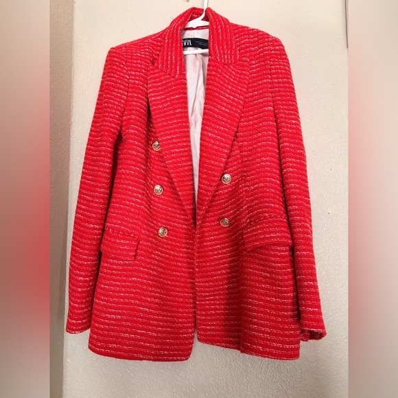 Zara | Jackets & Coats | Zara Red Textured Blazer With Gold Buttons ...